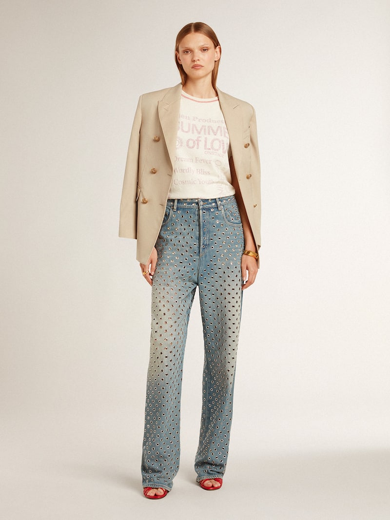 Golden Goose - Cremefarbenes Damen-T-Shirt mit verblichenen roten Details in 